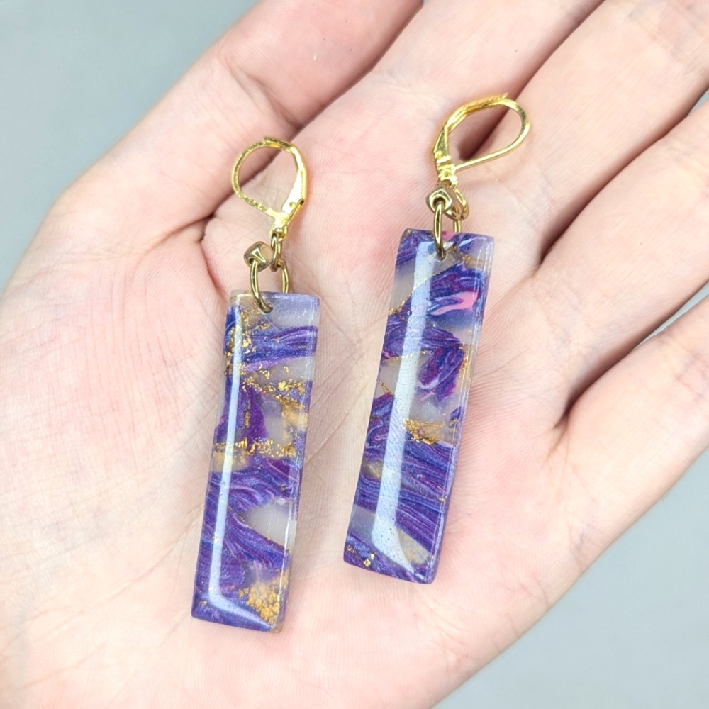 Purple and Gold Geode Rectangle Earrings